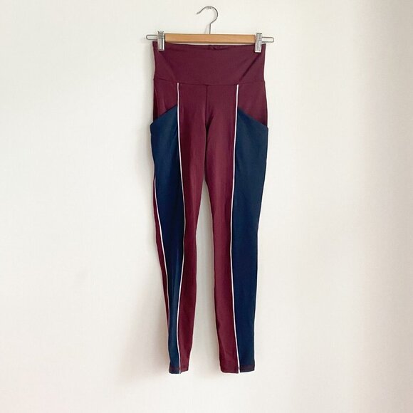 Michi Burgundy Navy Blue Colour block Media Pocket Leggings XS - Picture 1 of 5